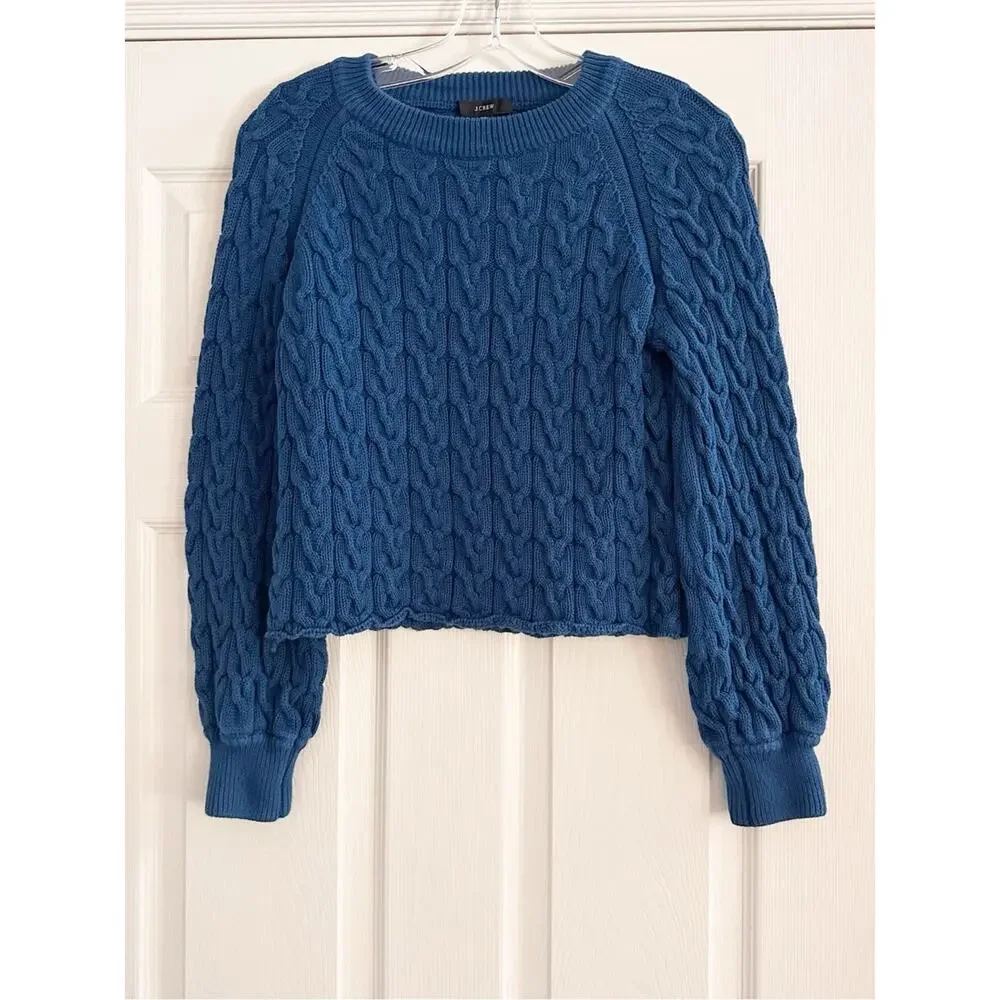 J. Crew Relaxed Fit Cable Knit Crewneck Sweater Ay824 Blue XS Cotton Preppy 2021